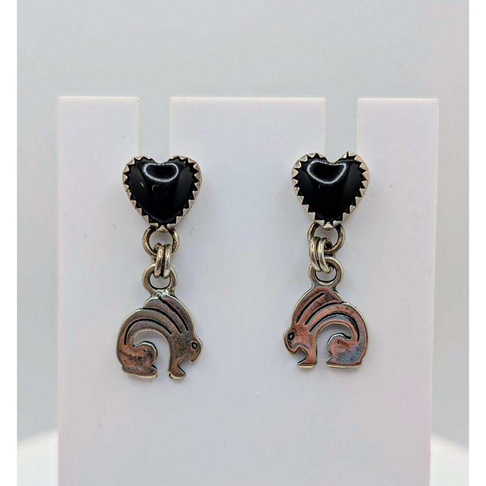 Rare NA Rabbit Totem and Blk Onyx Heart SS Earrings signed QT Quac Turquoise Inc - Picture 2 of 7
